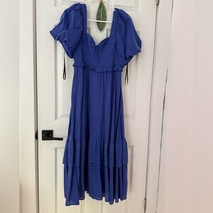FARM Rio Blue Ruffled Tiered Maxi Dress with Puff Sleeves